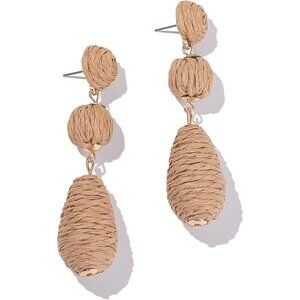 Women's Tan Boho Raffia Earrings Statement Dangle Cute Teardrop Jewelry
